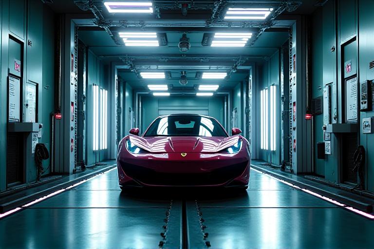 High-performance sports car secured on an all-wheel-drive dynamometer within a dedicated, climate-controlled testing cell