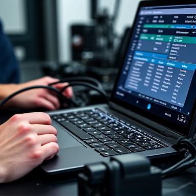 Technician connecting laptop to car's ECU for remapping, with sophisticated software displayed